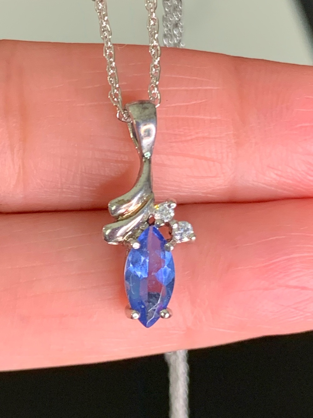 Vintage ITALY 925 Sterling Silver Marquis Tanzanite & CZ Pendant Necklace  17”